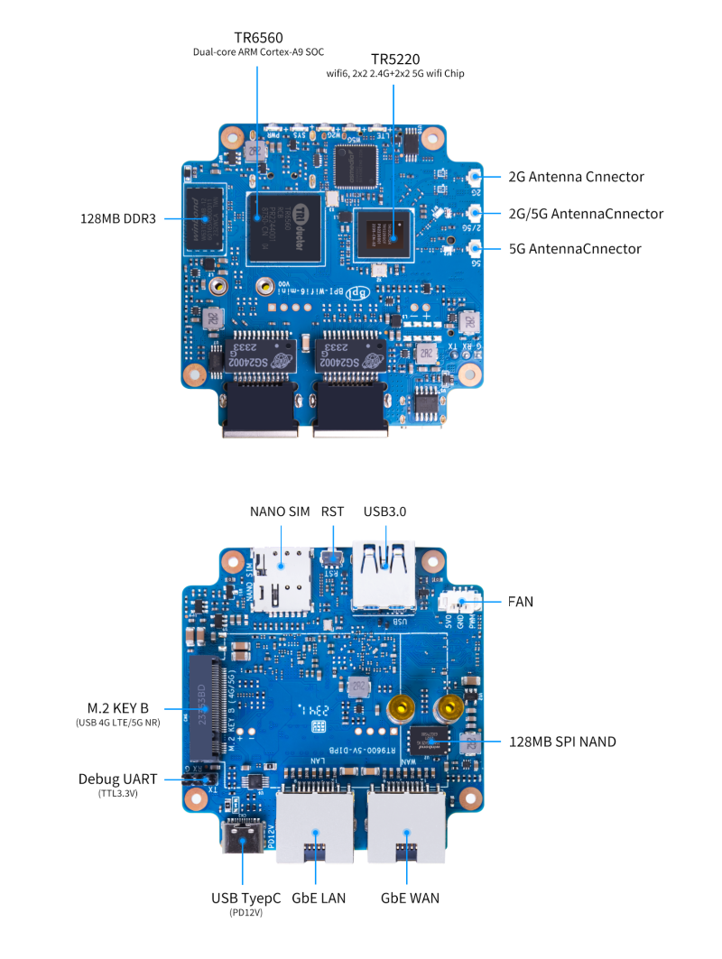 Banana Pi BPI-WiFi6 Mini Router Board Top and Bottom