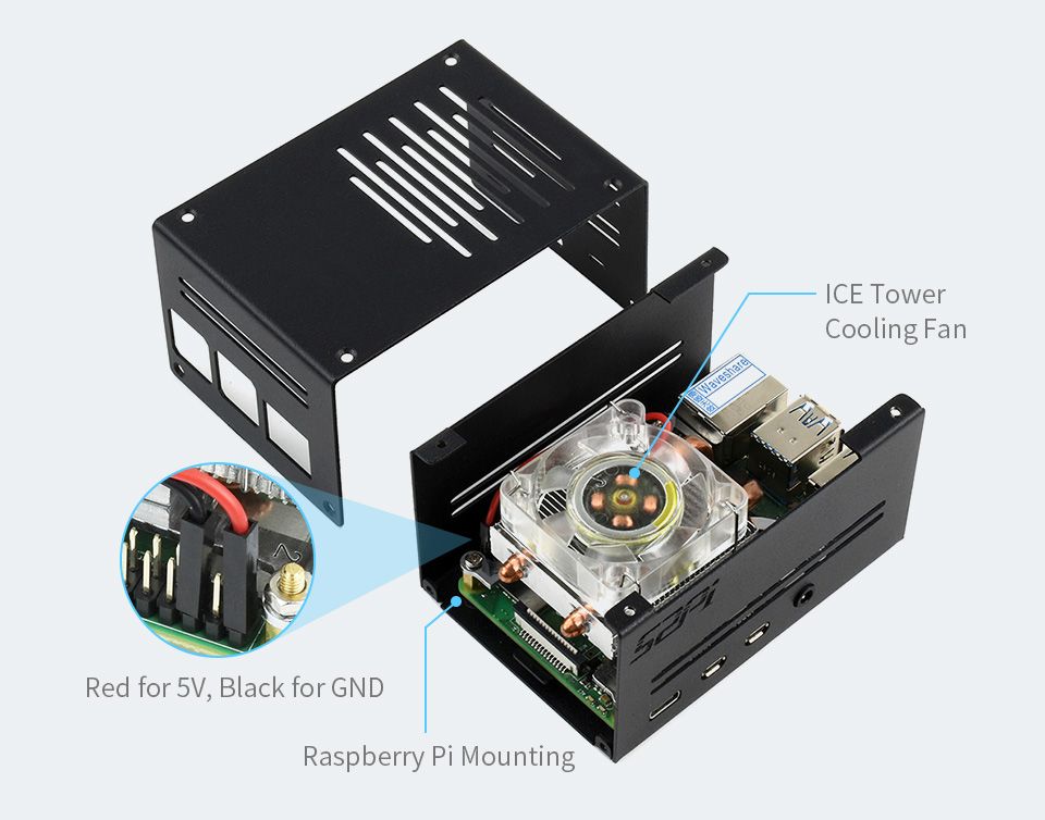 Firm Metal Case for Raspberry Pi 4, with Low-Profile ICE Tower Cooling Fan